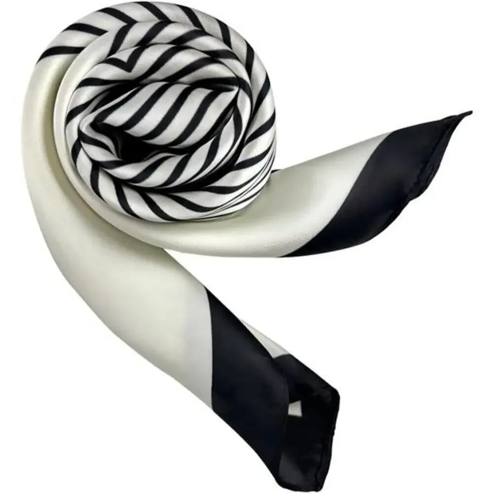 Natural Silk Feel Black and White Scarf Lightweight Square Neck Scarf for Women